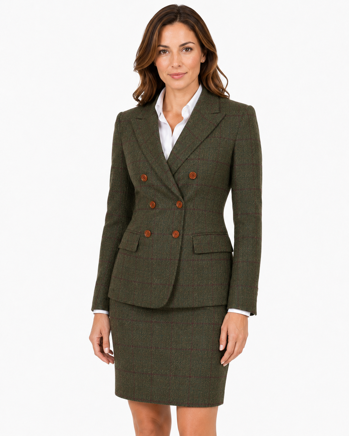 Women’s Made-to-Measure Olive Green Country Check Tweed with Red Three-Piece Suit - Image 22