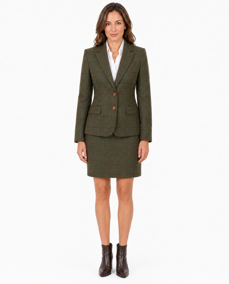 Women’s Olive Green Country Check Tweed with Red Single-Breasted Skirt Suit