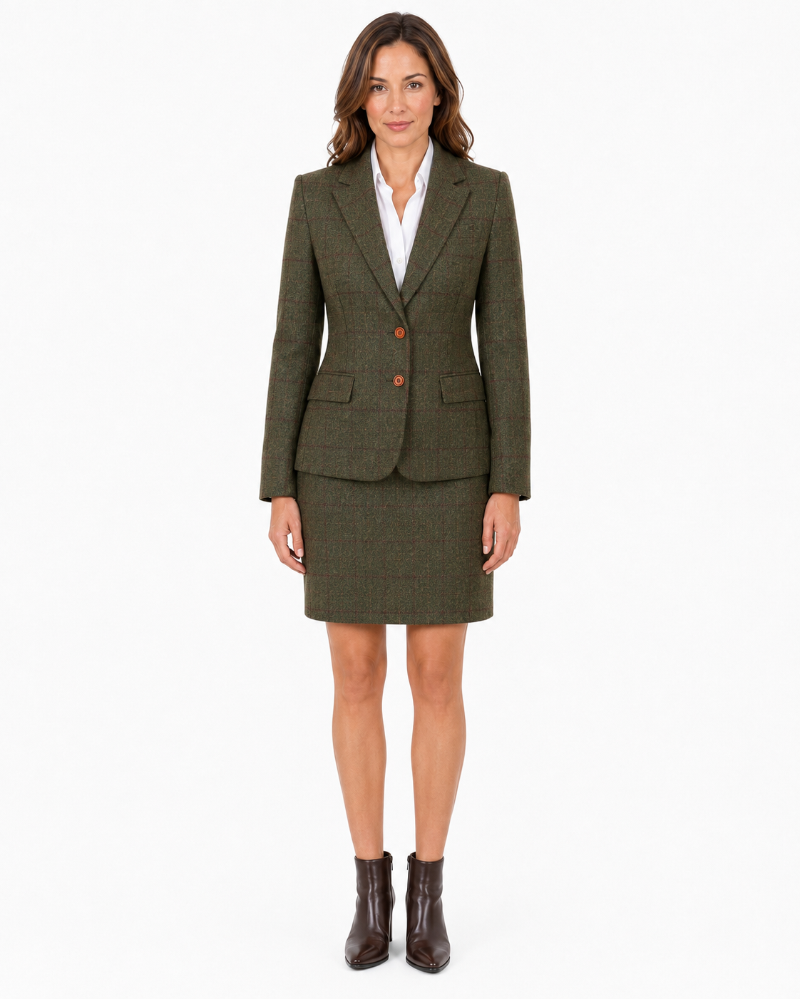 Women’s Made-to-Measure Olive Green Country Check Tweed with Red Three-Piece Suit - Image 11