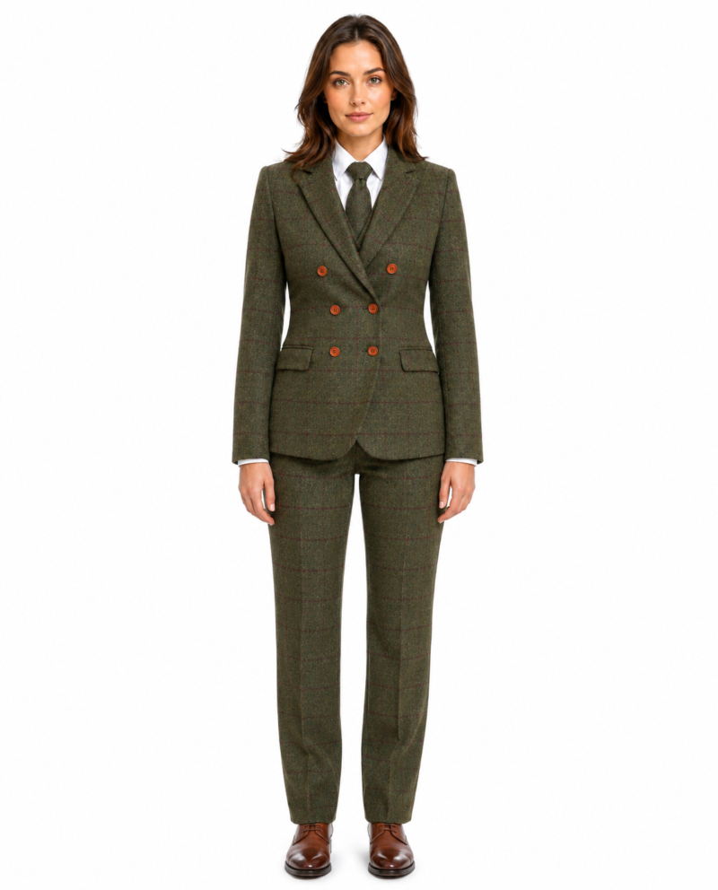 Women’s Olive Green Country Check Tweed with Red Double-Breasted Trouser Suit