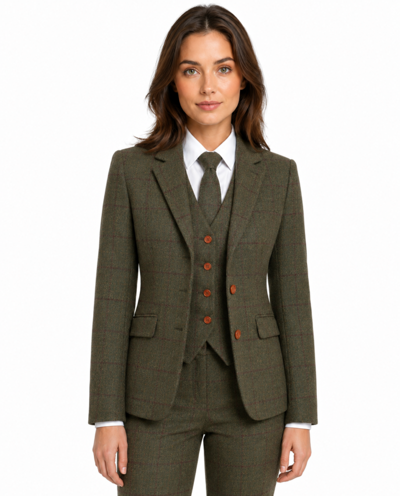 Women’s Made-to-Measure Olive Green Country Check Tweed with Red Three-Piece Suit