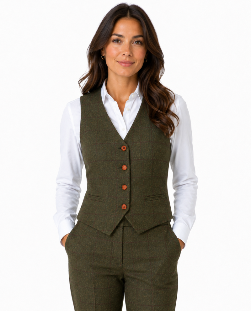 Women’s Olive Green Country Check Tweed with Red Waistcoat