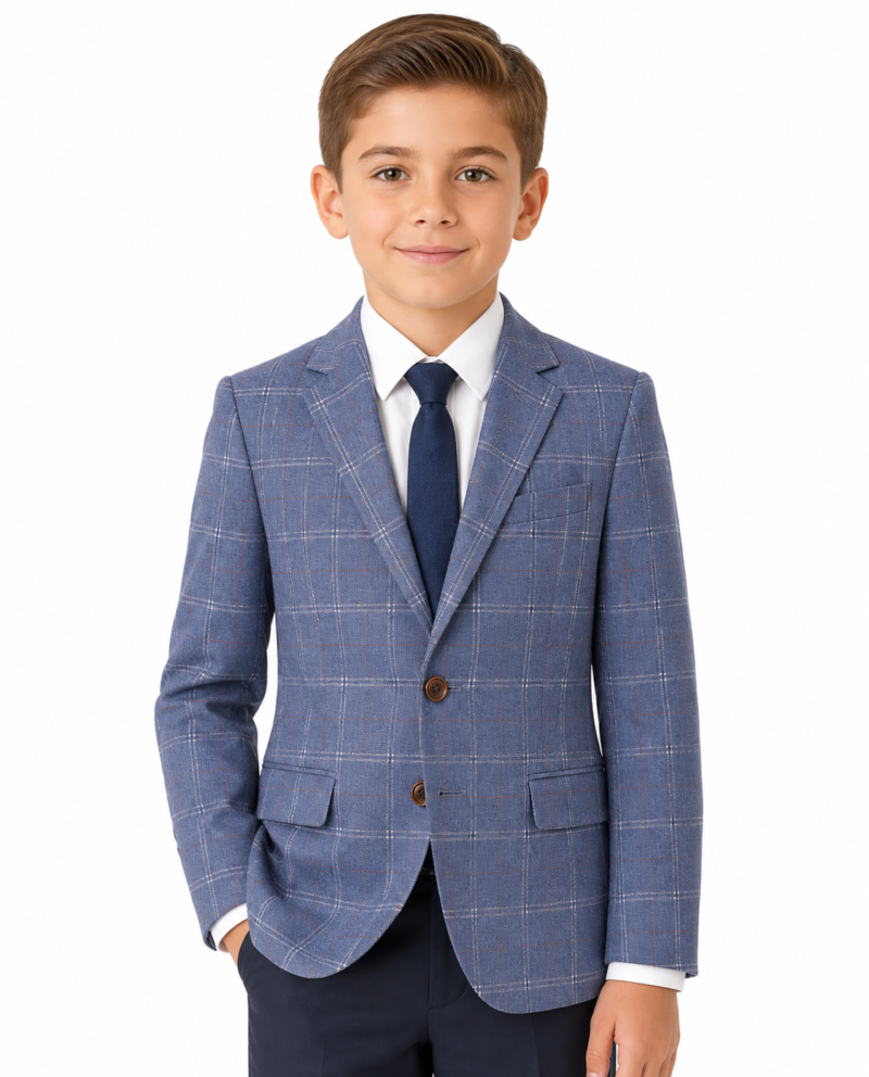Boys’ Pale Blue Windowpane Check Tweed Jacket