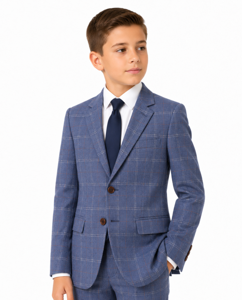 Boys’ Pale Blue Windowpane Check Tweed Three-Piece Suit