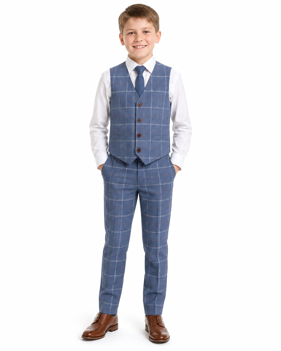 Boys’ Pale Blue Windowpane Check Tweed Three-Piece Suit - Image 8