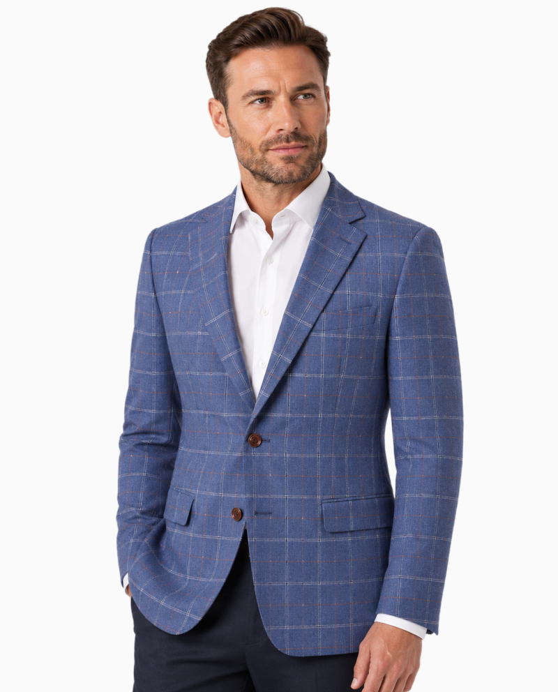 Men’s Pale Blue Windowpane Check Tweed Single-Breasted Jacket