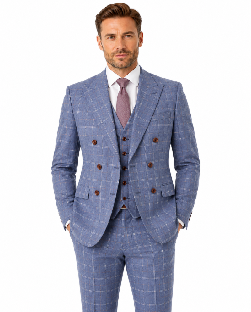 Men’s Pale Blue Windowpane Check Tweed Double-Breasted Three-Piece Suit