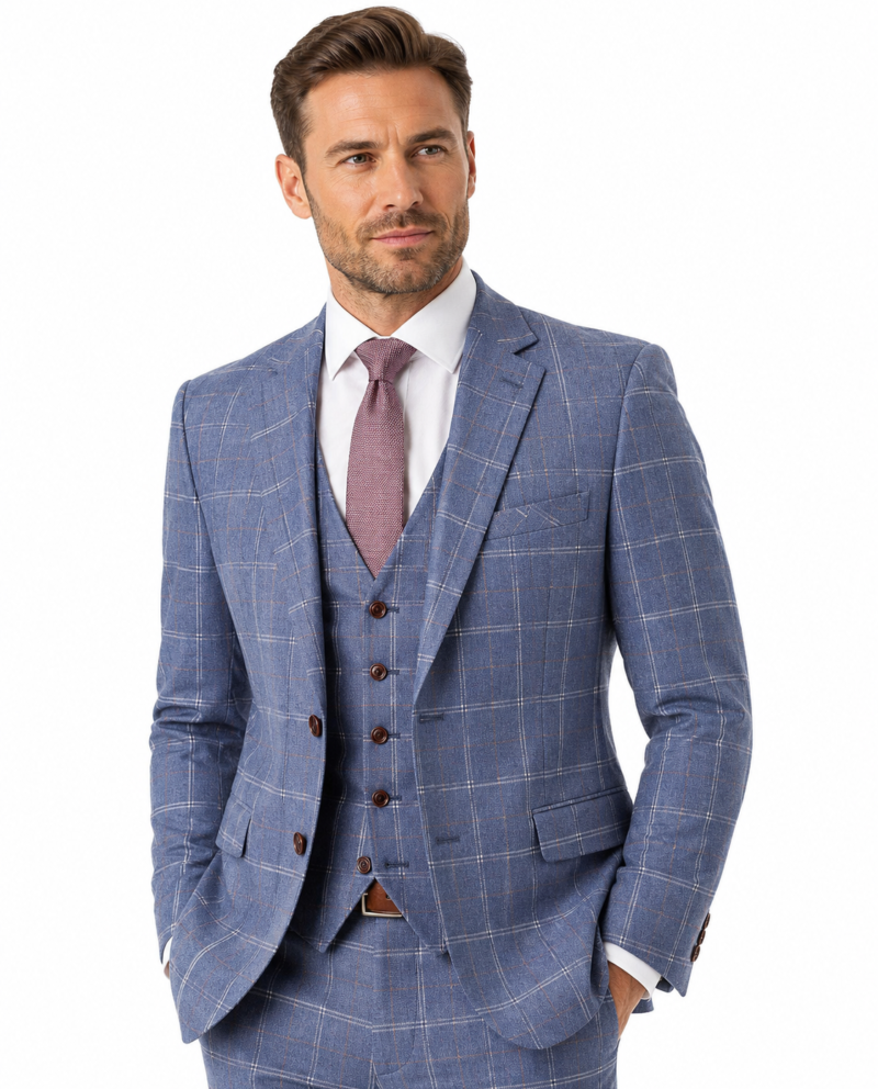 Men’s Pale Blue Windowpane Check Tweed Single-Breasted Three-Piece Suit
