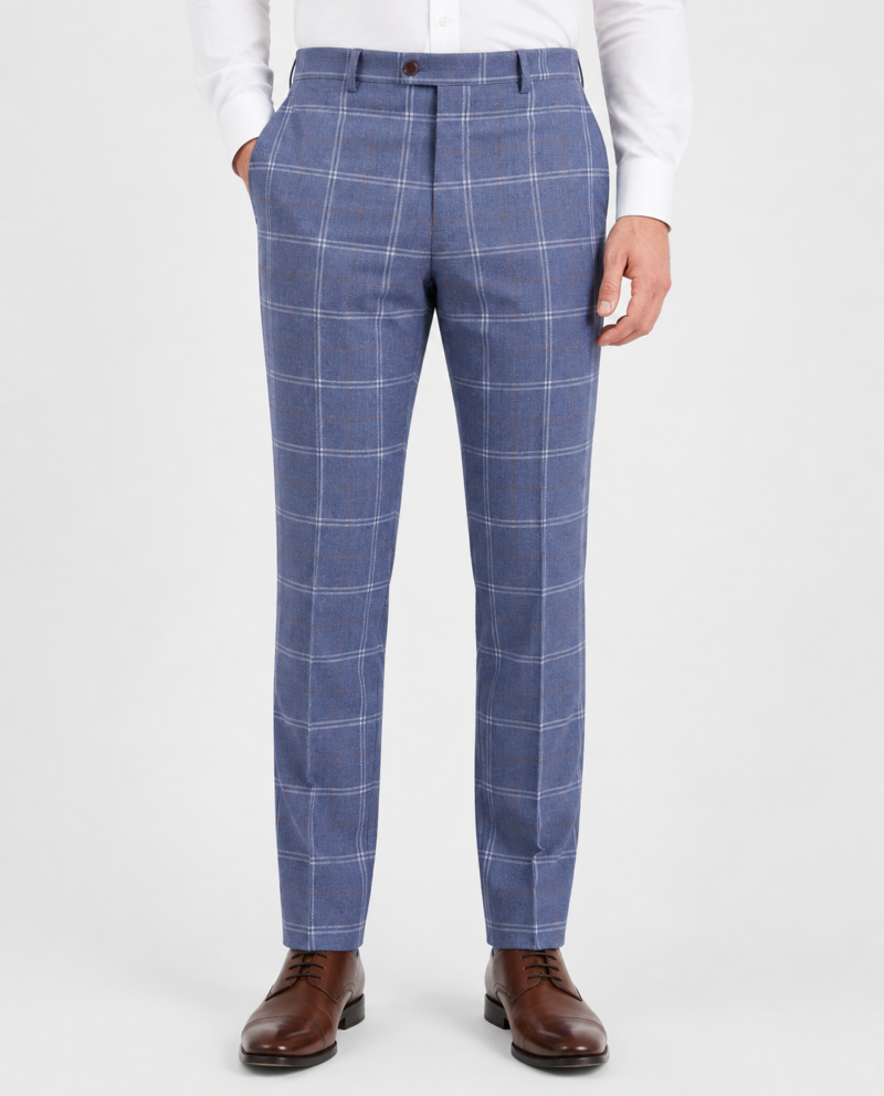 Men’s Pale Blue Windowpane Check Tweed Trousers