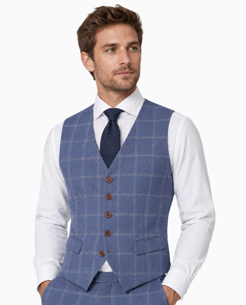 Men’s Pale Blue Windowpane Check Tweed Waistcoat