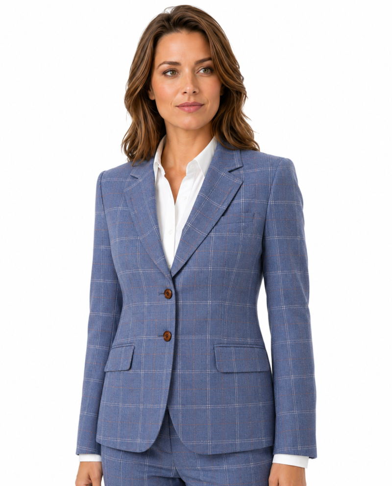 Women’s Pale Blue Windowpane Check Tweed Single-Breasted Jacket