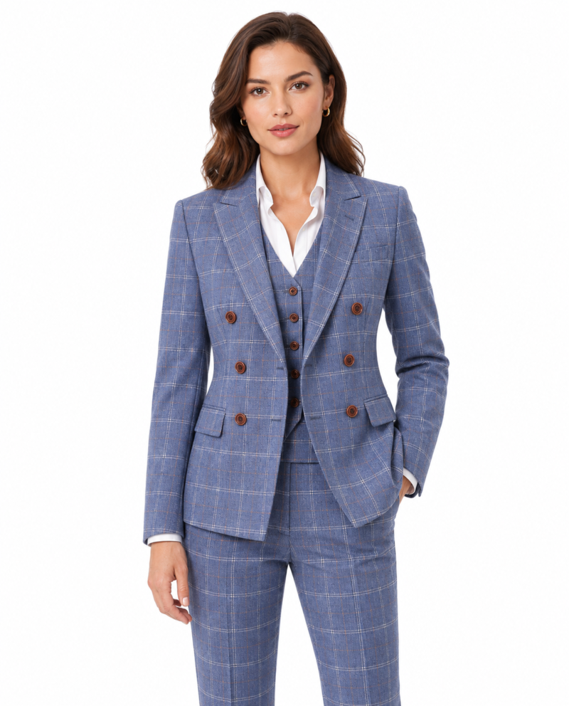 Women’s Pale Blue Windowpane Check Tweed Double-Breasted Jacket