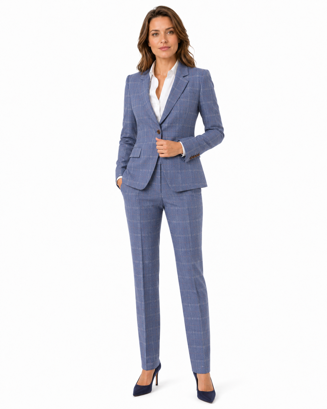 Women’s Pale Blue Windowpane Check Tweed Single-Breasted Jacket - Image 5