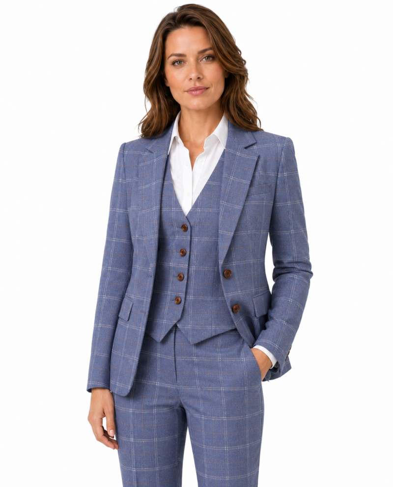 Women’s Made-to-Measure Pale Blue Windowpane Check Tweed Three-Piece Suit
