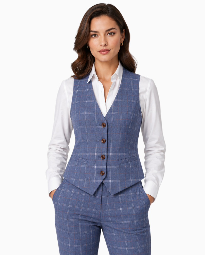Women’s Pale Blue Windowpane Check Tweed Waistcoat