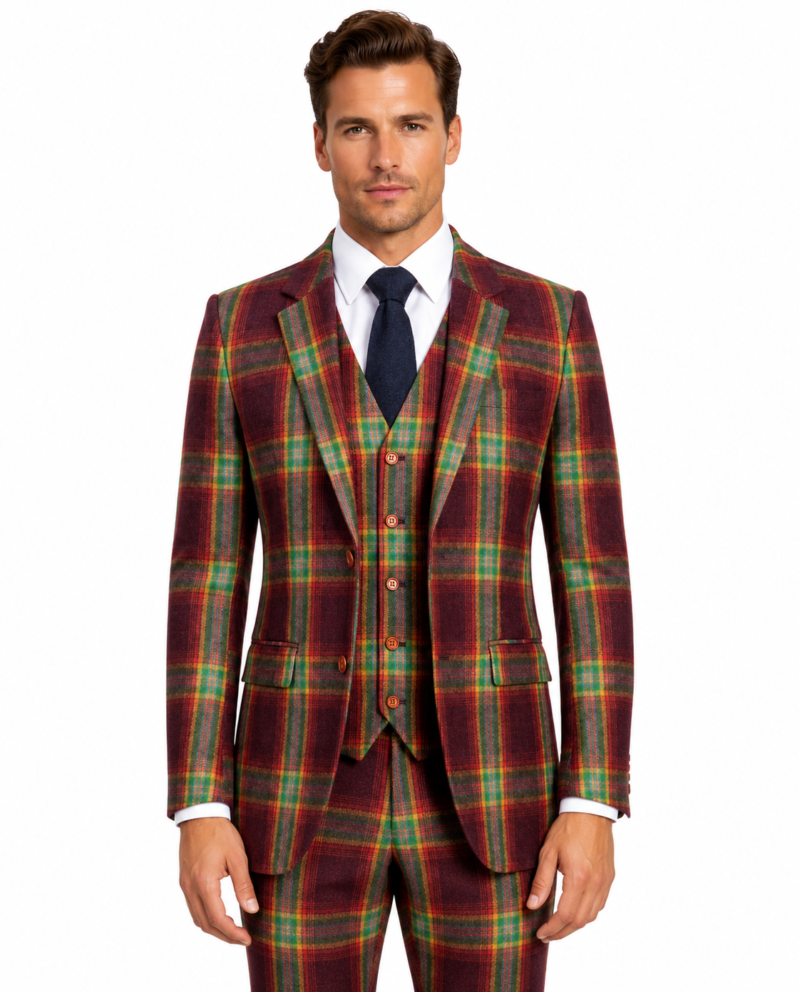 Men’s Made-to-Measure Rainbow Bold Check Tweed Three-Piece Suit