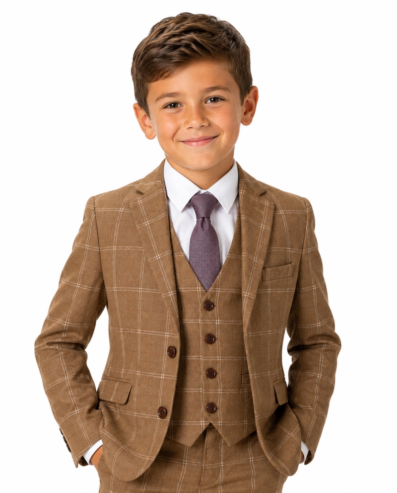 Boys’ Tan Windowpane Check Tweed Jacket