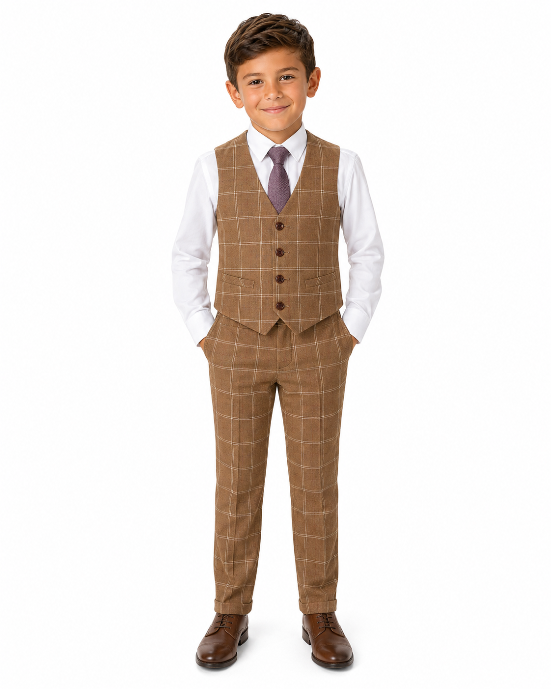 Boys’ Tan Windowpane Check Tweed Three-Piece Suit - Image 4