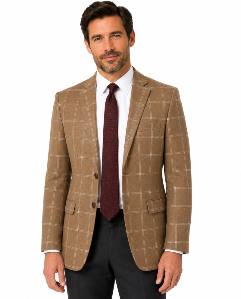Men’s Tan Windowpane Check Tweed Single-Breasted Jacket