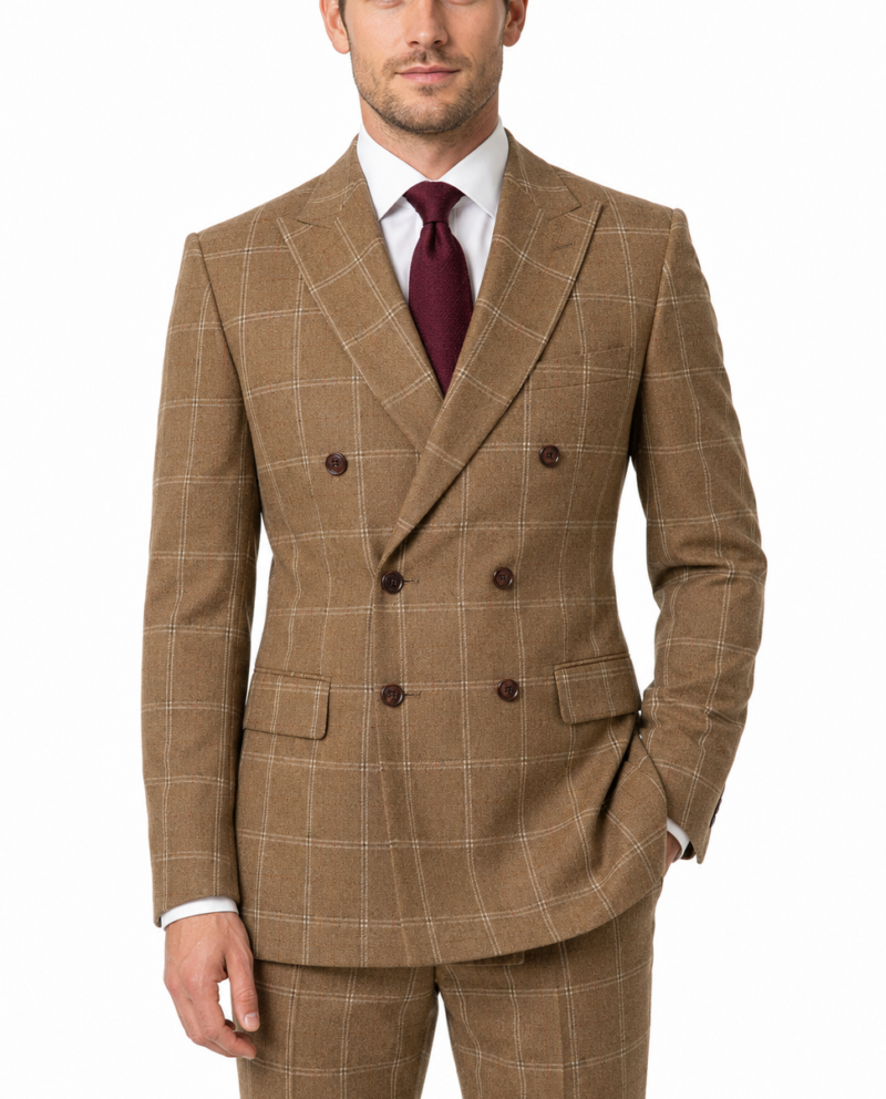 Men’s Tan Windowpane Check Tweed Double-Breasted Three-Piece Suit