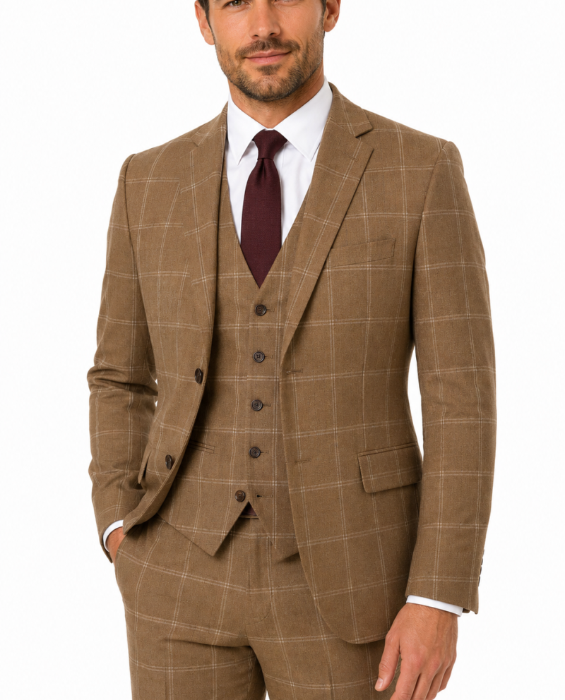 Men’s Tan Windowpane Check Tweed Single-Breasted Three-Piece Suit