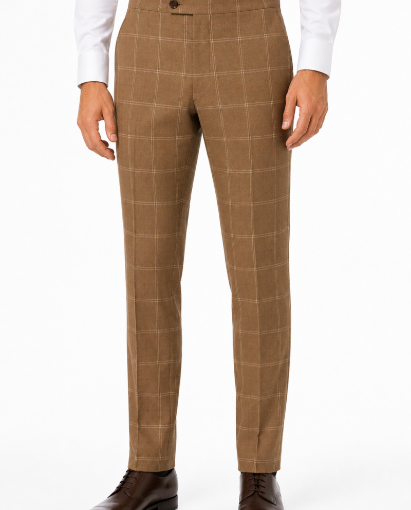Men’s Tan Windowpane Check Tweed Trousers