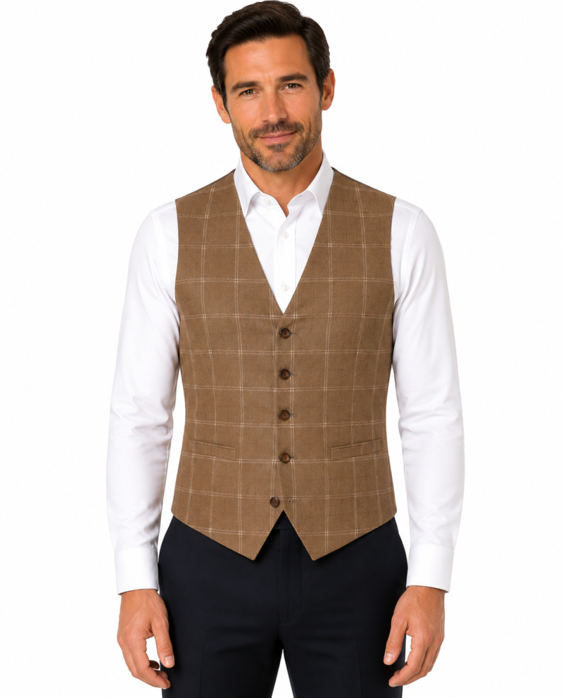 Men’s Tan Windowpane Check Tweed Waistcoat