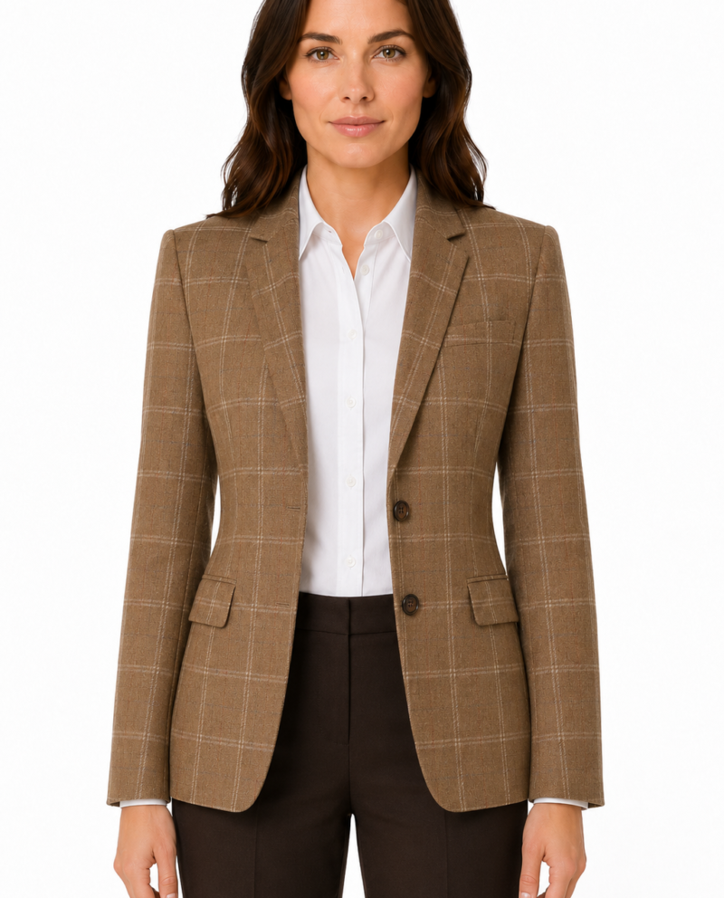 Women’s Tan Windowpane Check Tweed Single-Breasted Jacket