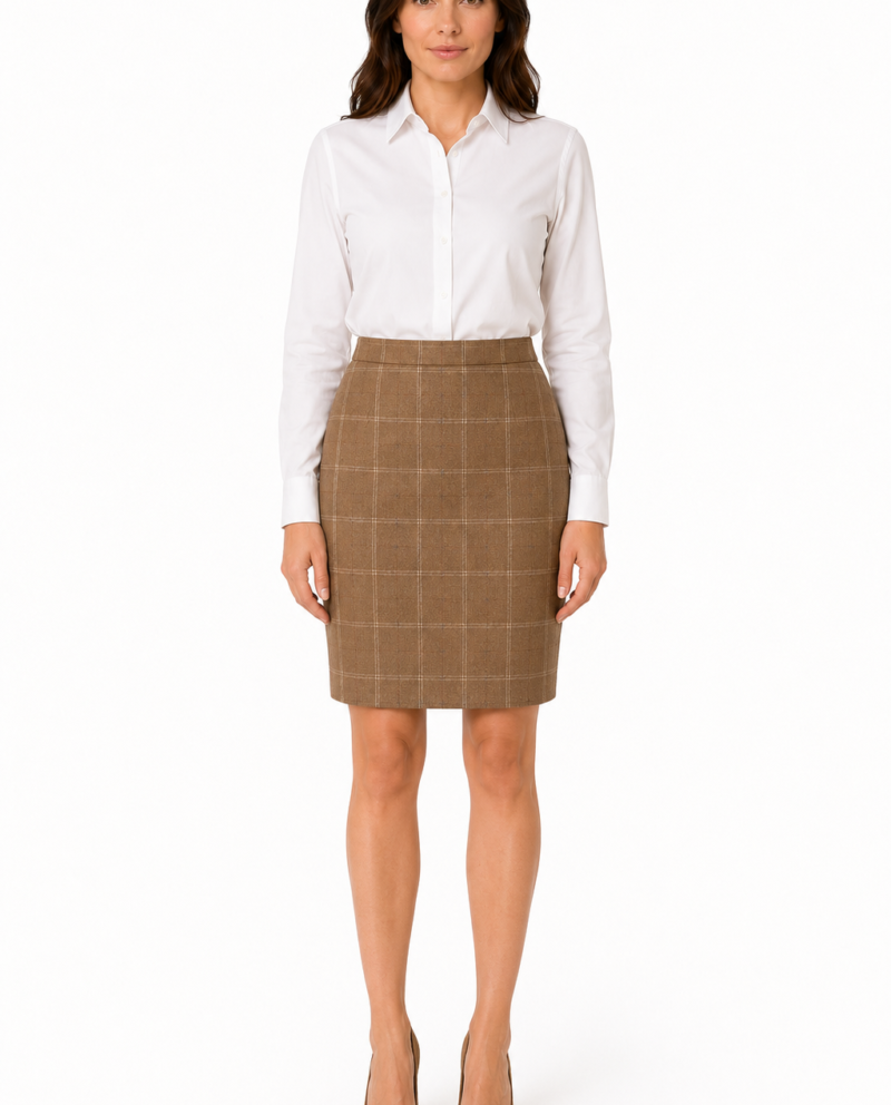 Women’s Tan Windowpane Check Tweed Tailored Skirt