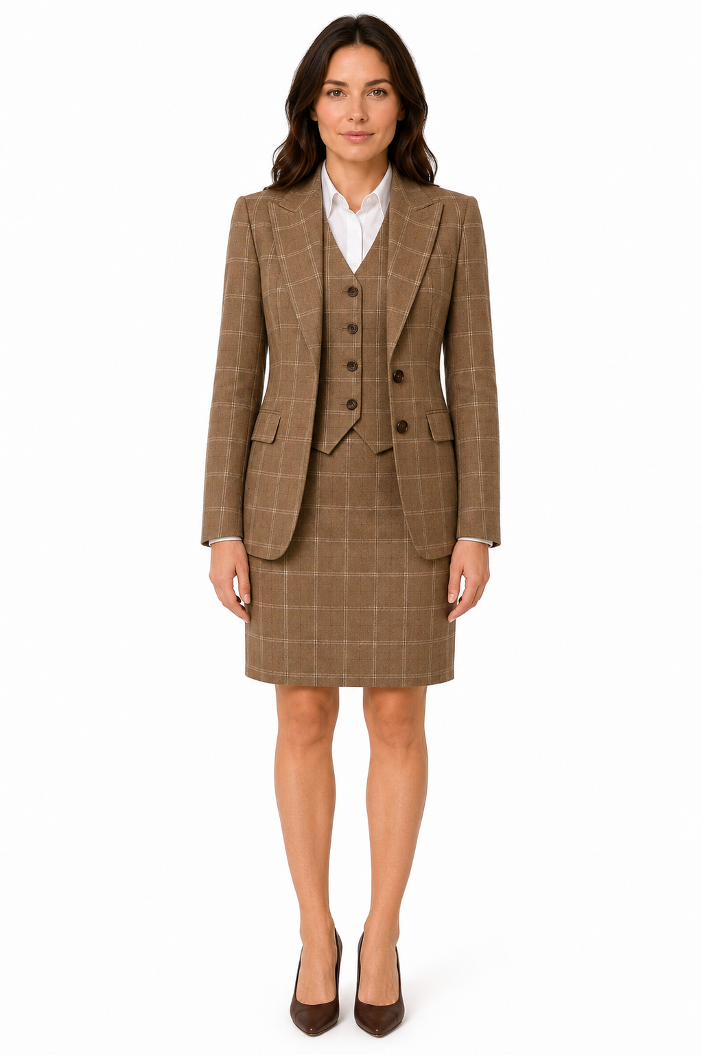 Women’s Tan Windowpane Check Tweed Tailored Skirt - Image 6