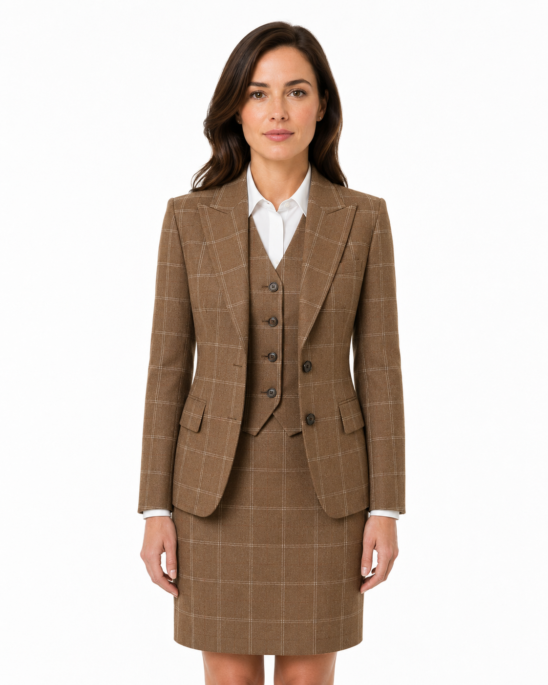 Women’s Tan Windowpane Check Tweed Tailored Skirt - Image 7