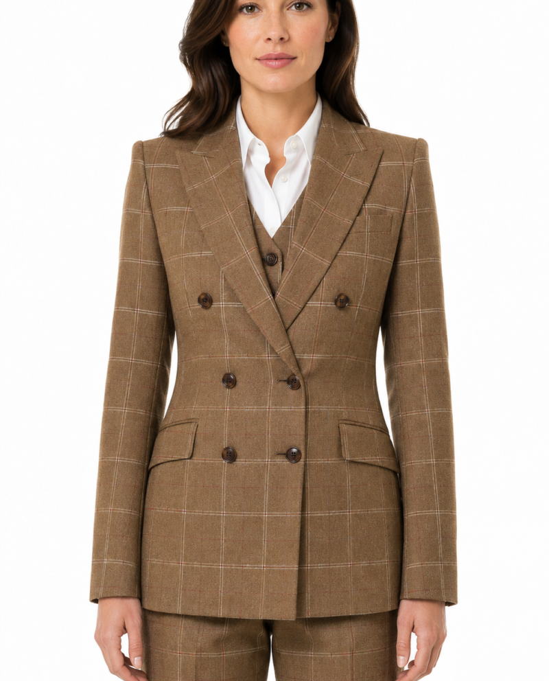 Women’s Tan Windowpane Check Tweed Double-Breasted Jacket