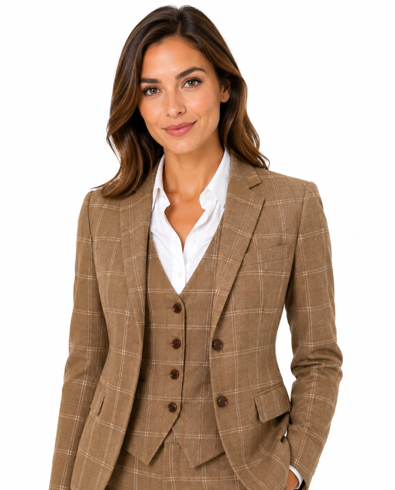 Women’s Made-to-Measure Tan Windowpane Check Tweed Three-Piece Suit