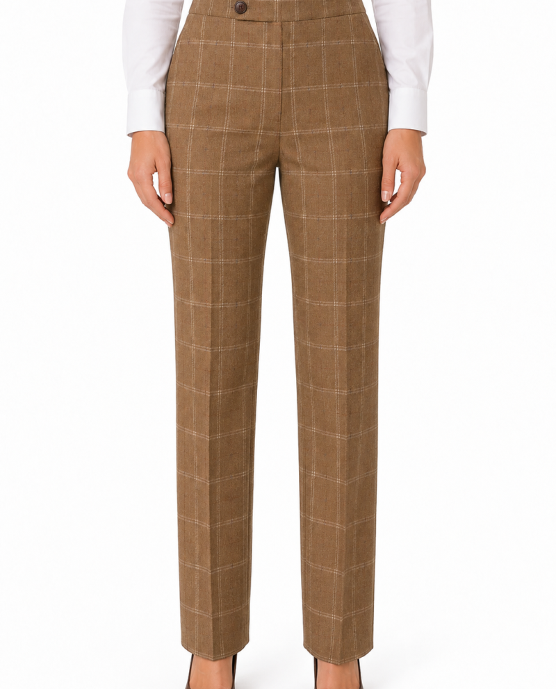 Women’s Tan Windowpane Check Tweed Trousers