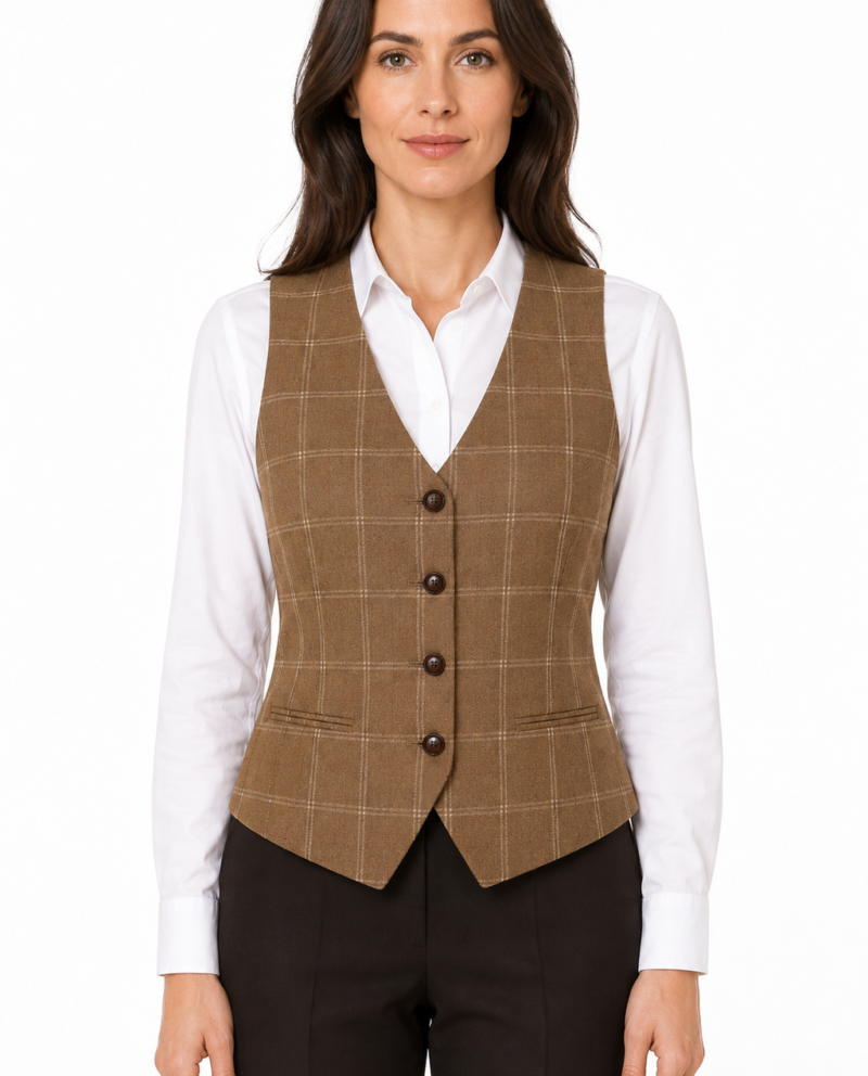 Women’s Tan Windowpane Check Tweed Waistcoat
