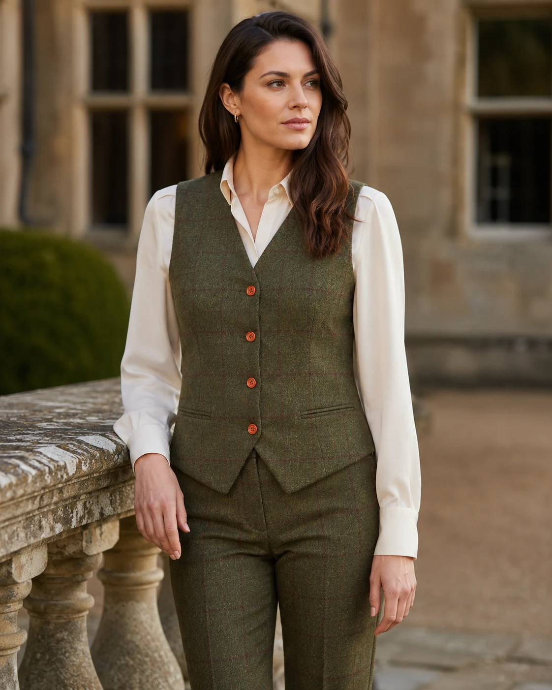 Woman wearing an olive green tweed waistcoat with a subtle red country check