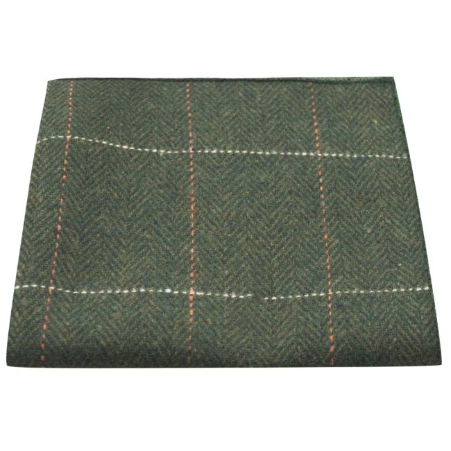 King & Priory forest-green herringbone tweed pocket square