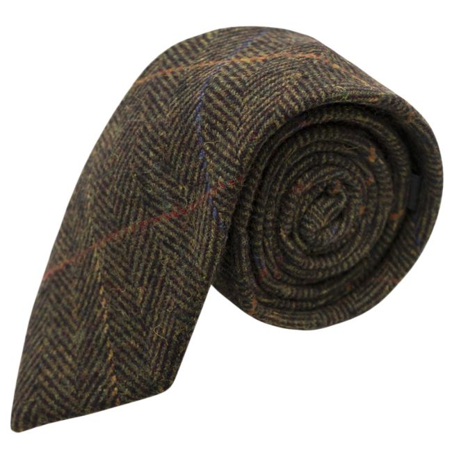 King & Priory dark olive-green herringbone check tie