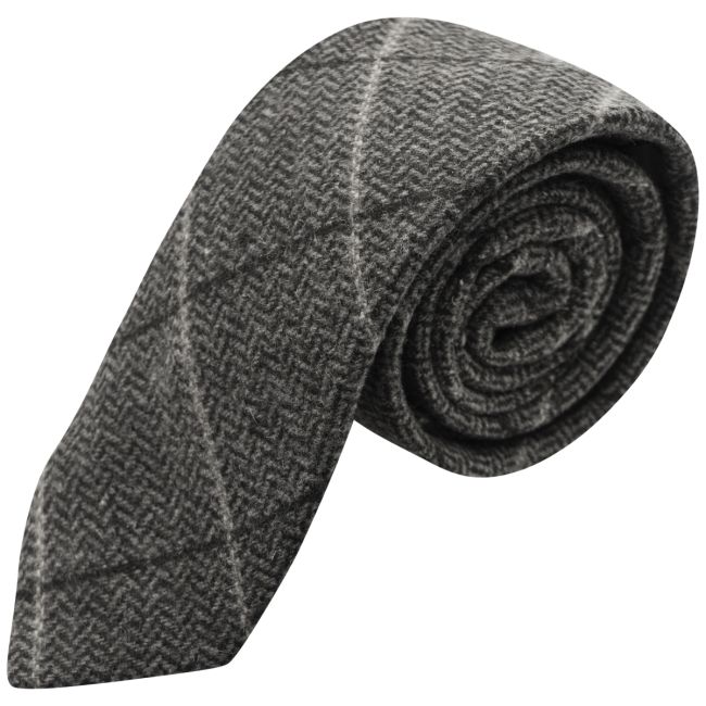 King & Priory graphite-grey herringbone check tie