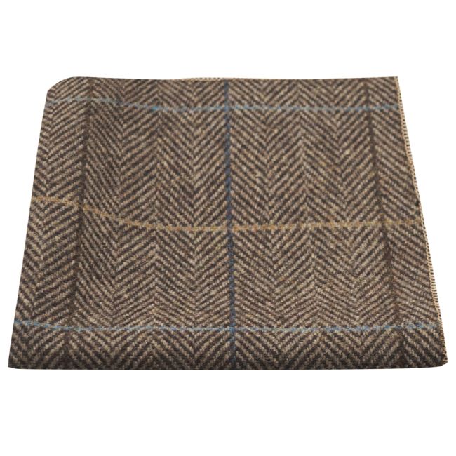 King & Priory walnut-brown herringbone check pocket square